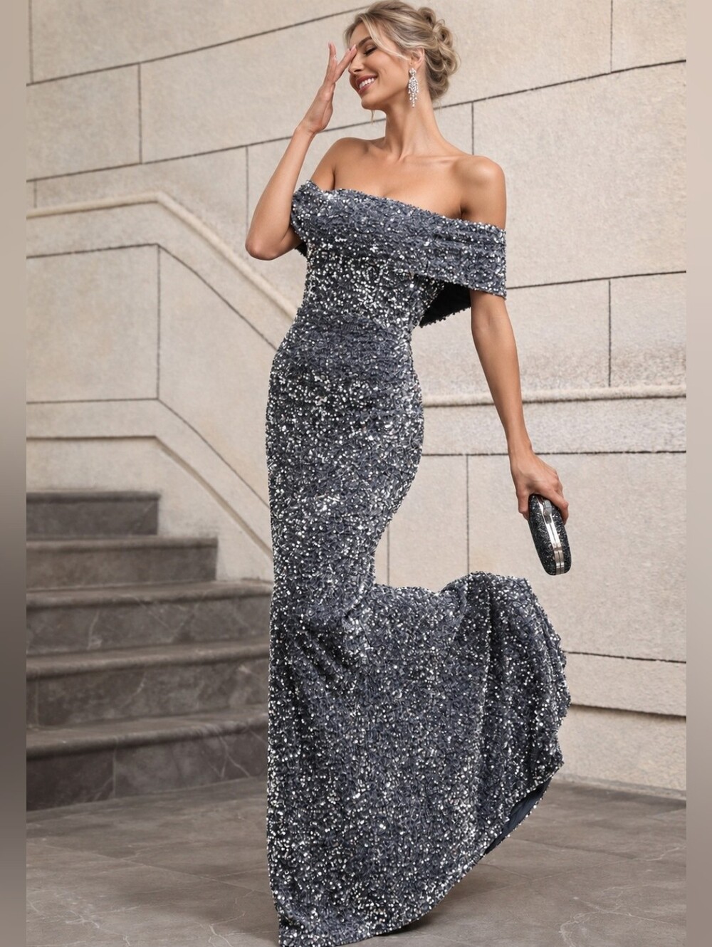 New Glam Velvet Sequin Mermaid Maxi Dress Off Shoulder Metallic Silver Gray